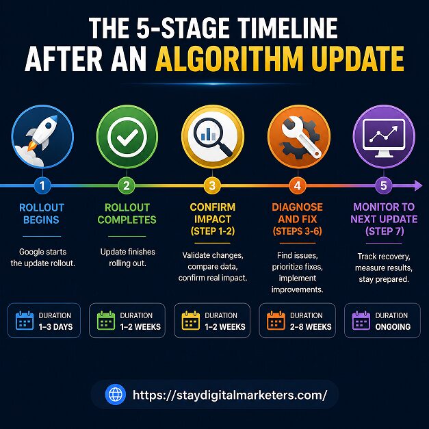 The 5-stage horizontal timeline after Algorithm Update by Stay Digital Marketers